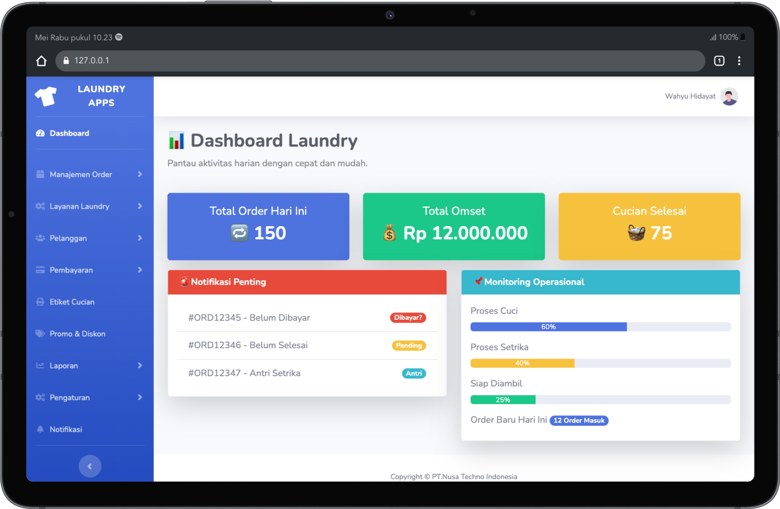 Tampilan antarmuka aplikasi laundry berbasis web Nusa Techno Indonesia di laptop dan smartphone